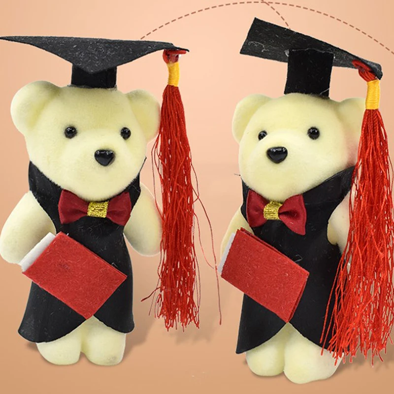 1Pc 12cm Standing Graduation Ceremony Bear Doll with Flower Bouquet Decoration for Special Occasions