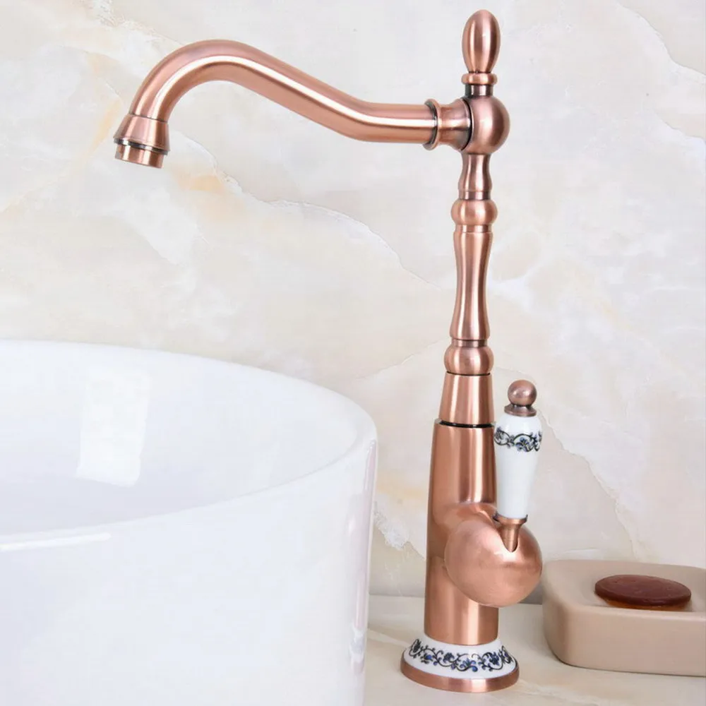 Imagem -06 - Red Copper Cerâmica Single Lever Handle Hot And Cold Mixer Tap 360 Rotation Deck Mount Banheiro Bacia Torneira da Pia Tnf624