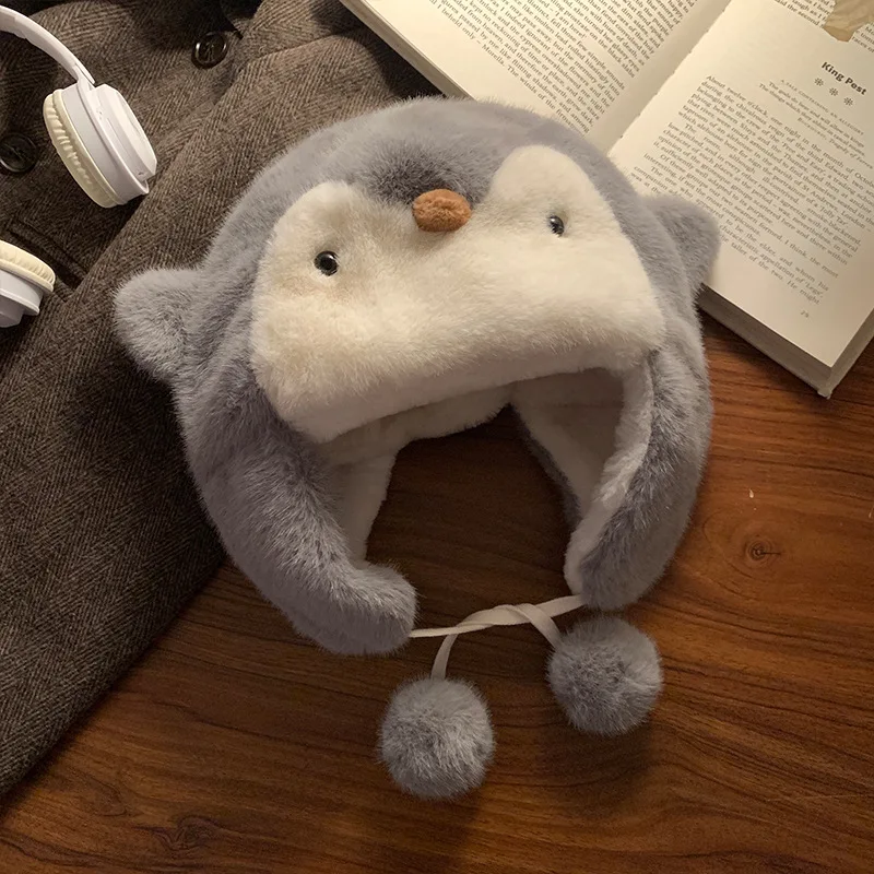 Topi Hangat Musim Dingin Lucu Kartun Hewan Penguin Topi Hangat Berbulu Tebal Pelindung Telinga Aktivitas Luar Ruangan Topi Kasual