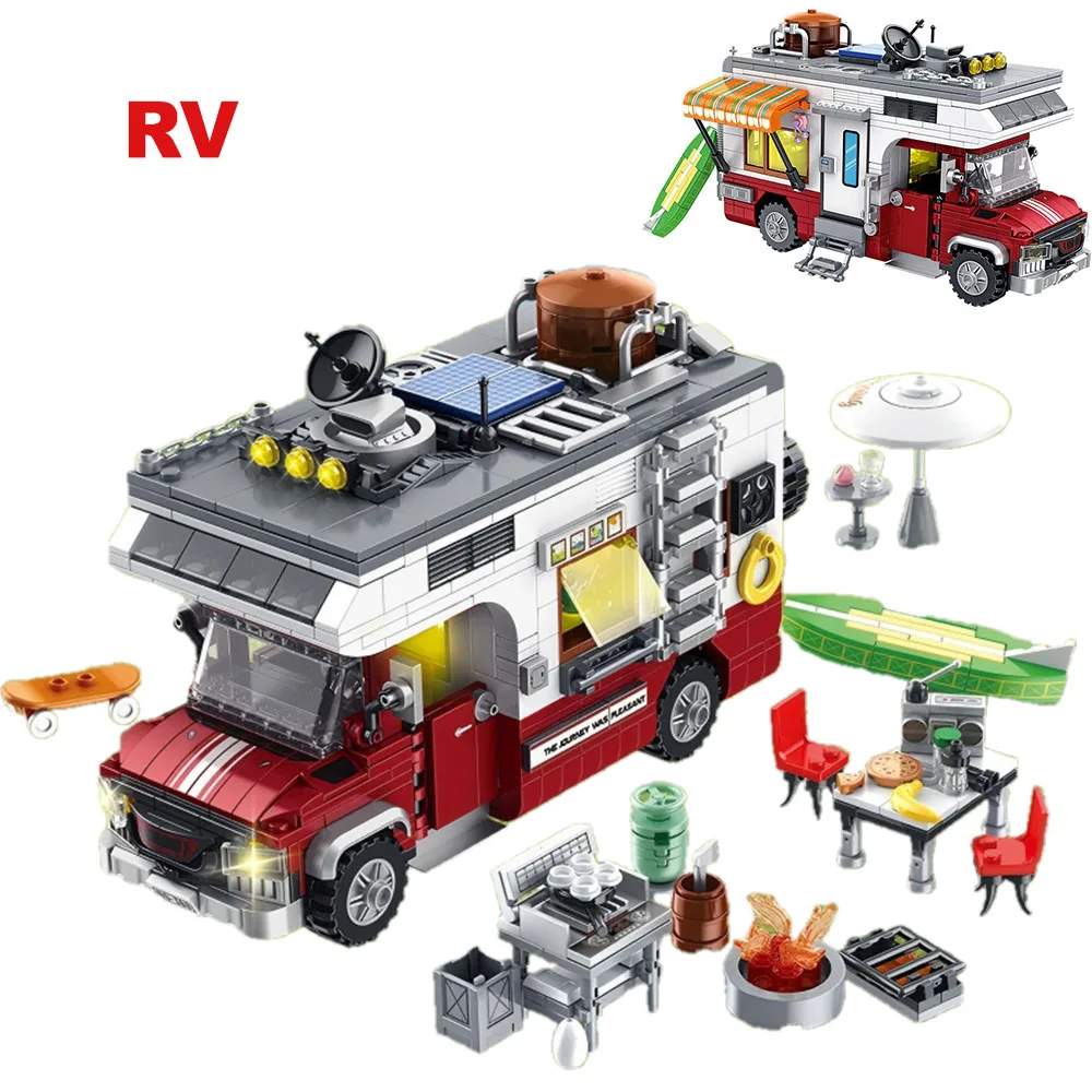 Moc Creative Camper RV Building Block Open Door Pickup Truck Canvas Cart LED Camping Equipment Brick Toy Christmas Birthday Gift