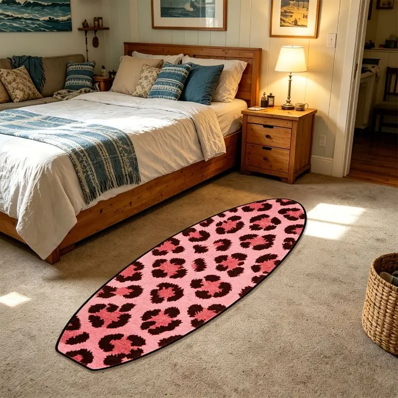 VIKAMA Surfboard Shaped Area Rug Pink Leopard Print Non‑Slip Soft Floor Mat Bedroom Living Room Home Decor