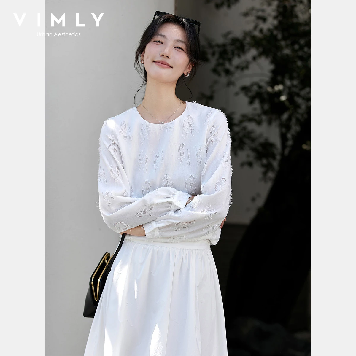 VIMLY Women's White Tassel Blouse Fall 2025 Sweet Style Lantern Sleeve Long Sleeve Tops for Woman Round Neck Ladies Blouse A3077