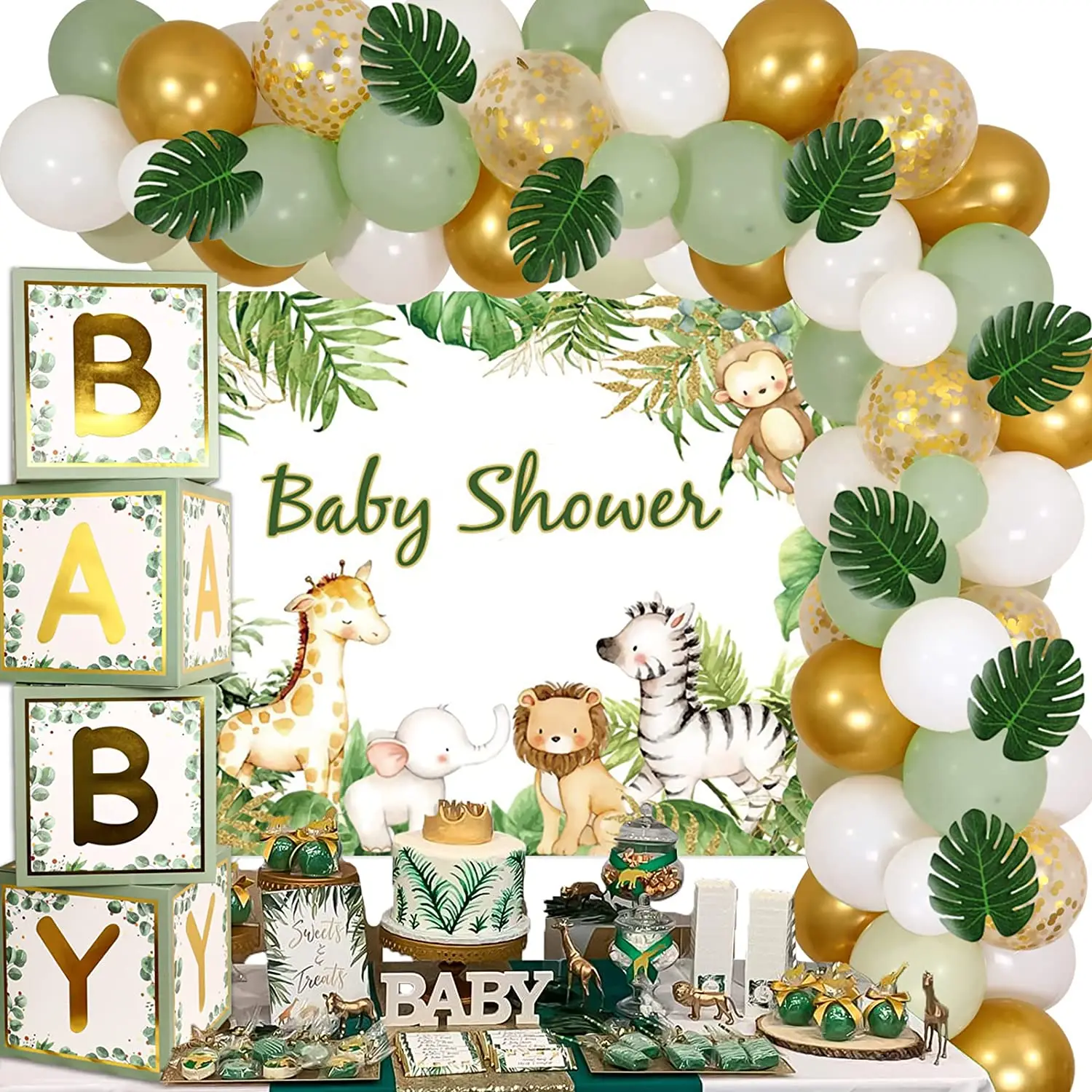 

Sage Green Jungle Baby Shower Decorations Jungle Safari Wild Animals Backdrop Forest Theme Balloon Arch Kit with Balloons Boxes