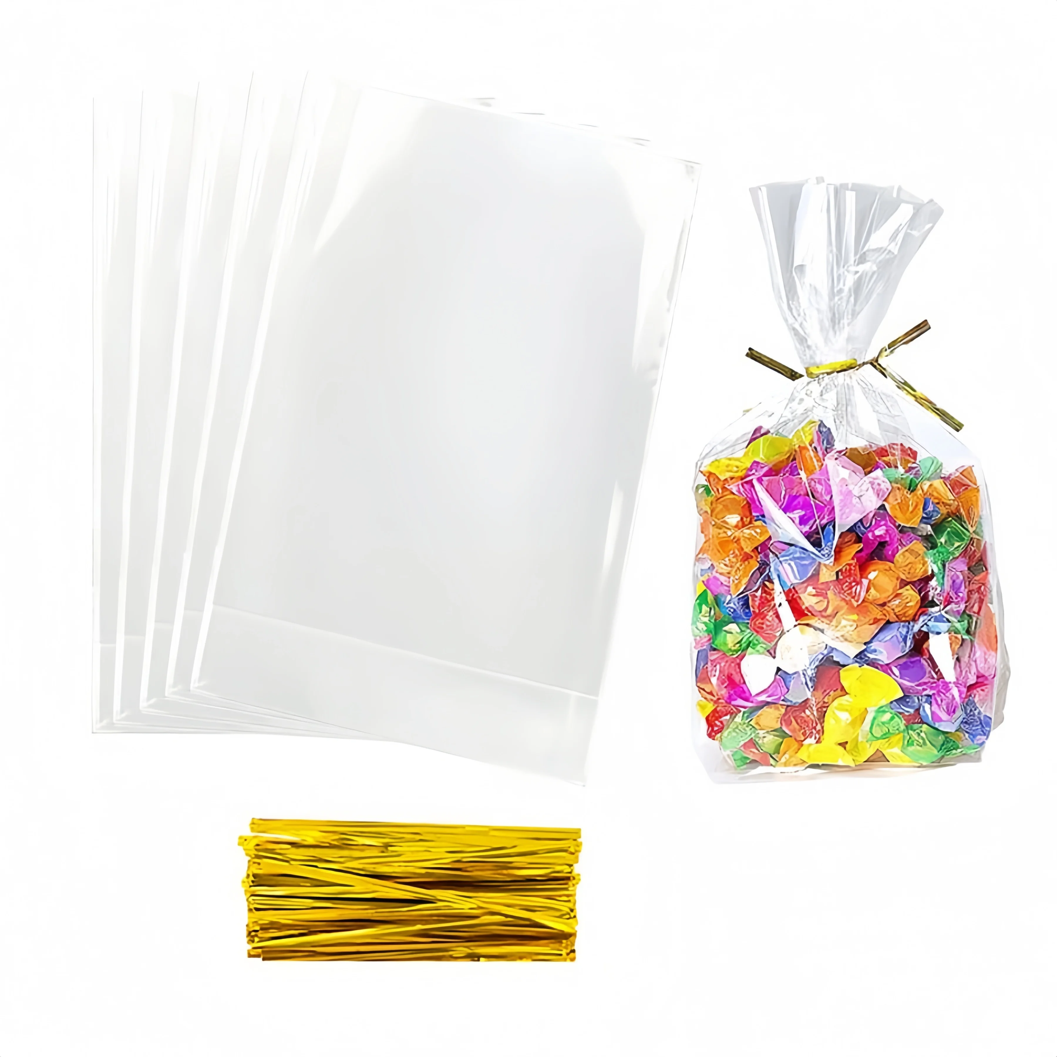 Sacs cadeaux en cellophane transparents à fond gousset avec attaches torsadées dorées, emballage pour cadeaux de fête, 20/50/100 pièces