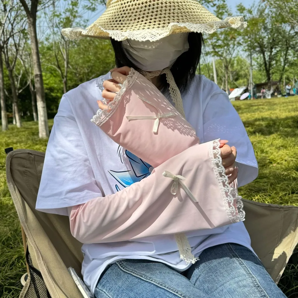 Cute Bow Ice Silk Arm Sleeves Flared UV Protection Sunscreen Arm Sleeves Lace Cuff Solid Color Cycling Arm Cover Summer