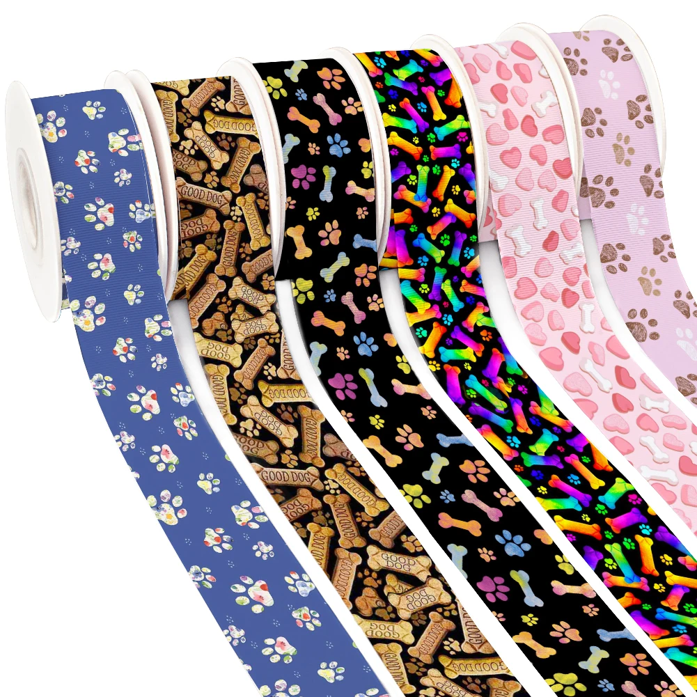 Cute Grosgrain Satin Ribbon Dog Paw & Bone Printed  for Gift Wrapping Hair Bow Craft Accessory 50 Yards