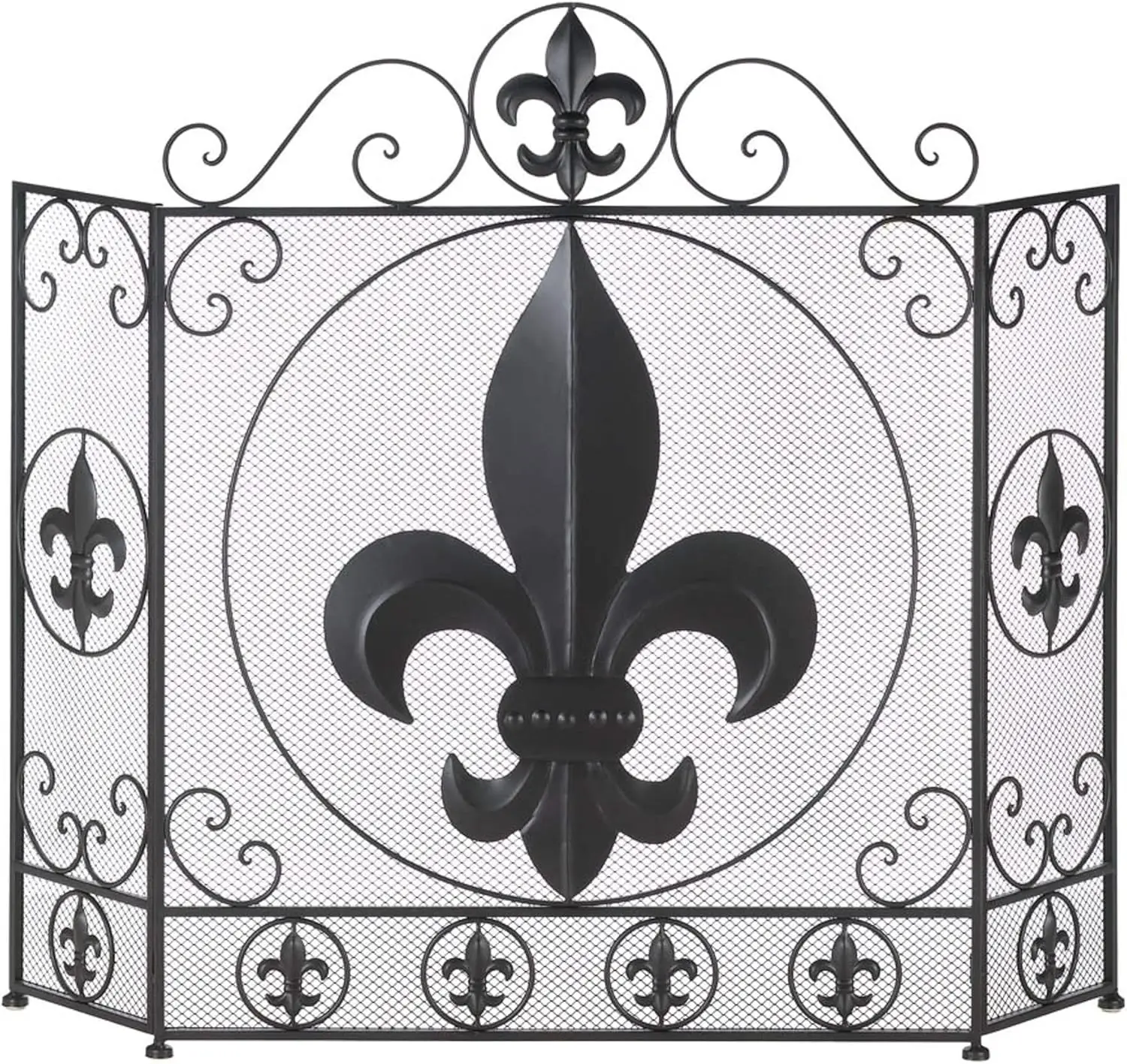 

3 Panel Decorative Iron and Mesh Metal Fireplace Screen, Fleur de Lis, 25.75x7.875x33