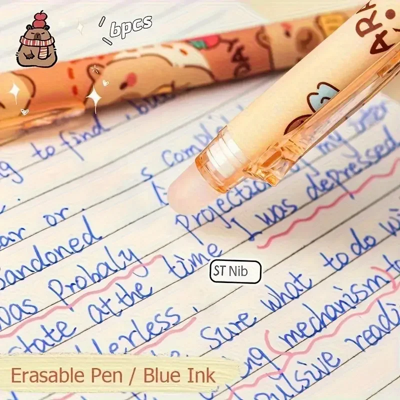 6 أقلام كابيبارا اللطيفة القابلة للمسح 0.5 مم، حبر رفيع، حبر سريع الجفاف، كرة دوارة قابلة للسحب مع ممحاة، أصفر-بني، مكتب ومدرسة
