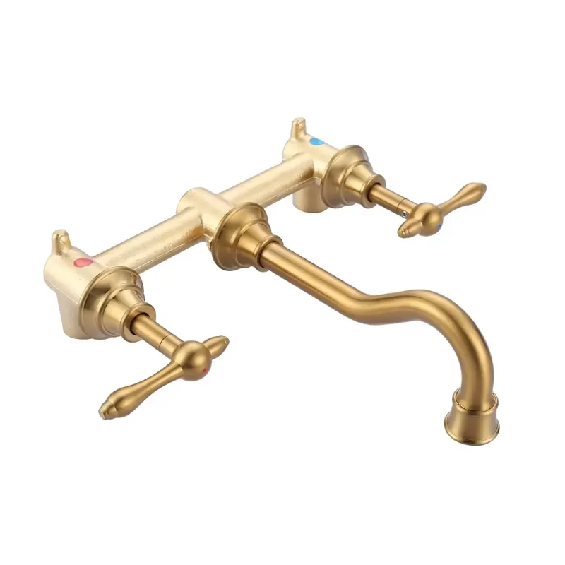 Gold Bathroom Faucet Wall Mount Antique Bathroom Vessel Sink Faucet Wall Tap Including Rough-in Valve 2 Handle Lavatory