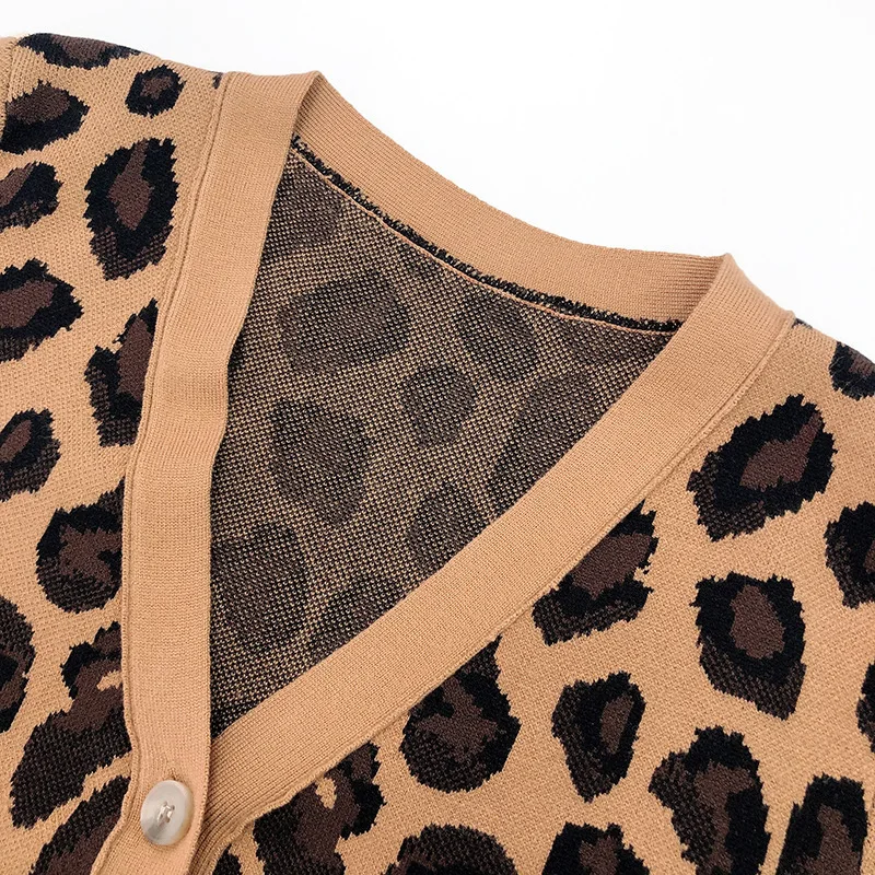 Jacquard Leopard Vintage Cardigan V-Neck Long Sleeve Sweater Knit Jacket Button-Front Knitwear 2024 Autumn/Winter Woman Clothing