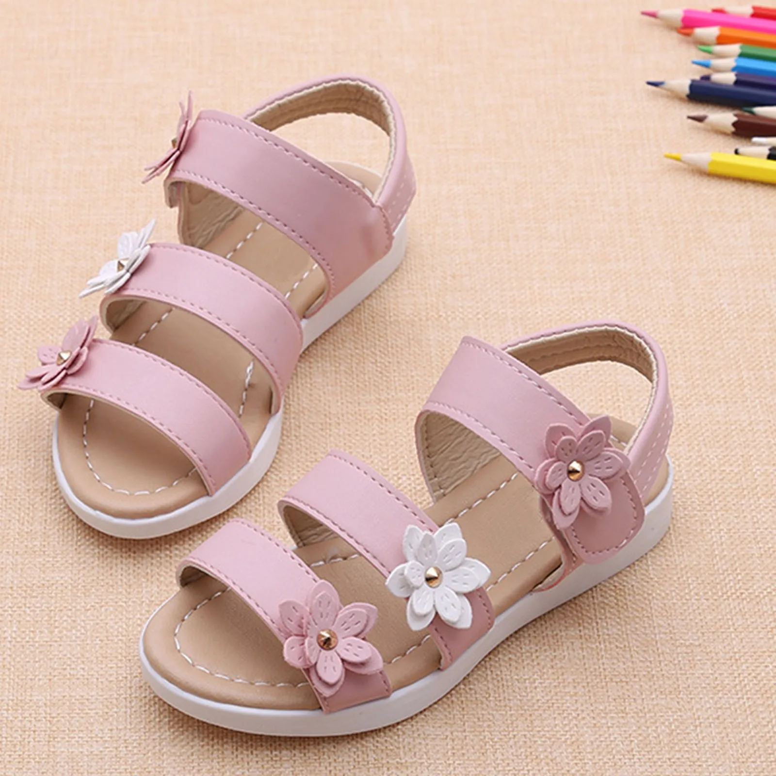 Children\'s Sandals 2024 New Girls Flats Princess Flower Kids Summer Slip on Shoes Pink Soft Sole Elastic Band Footwear Fashion