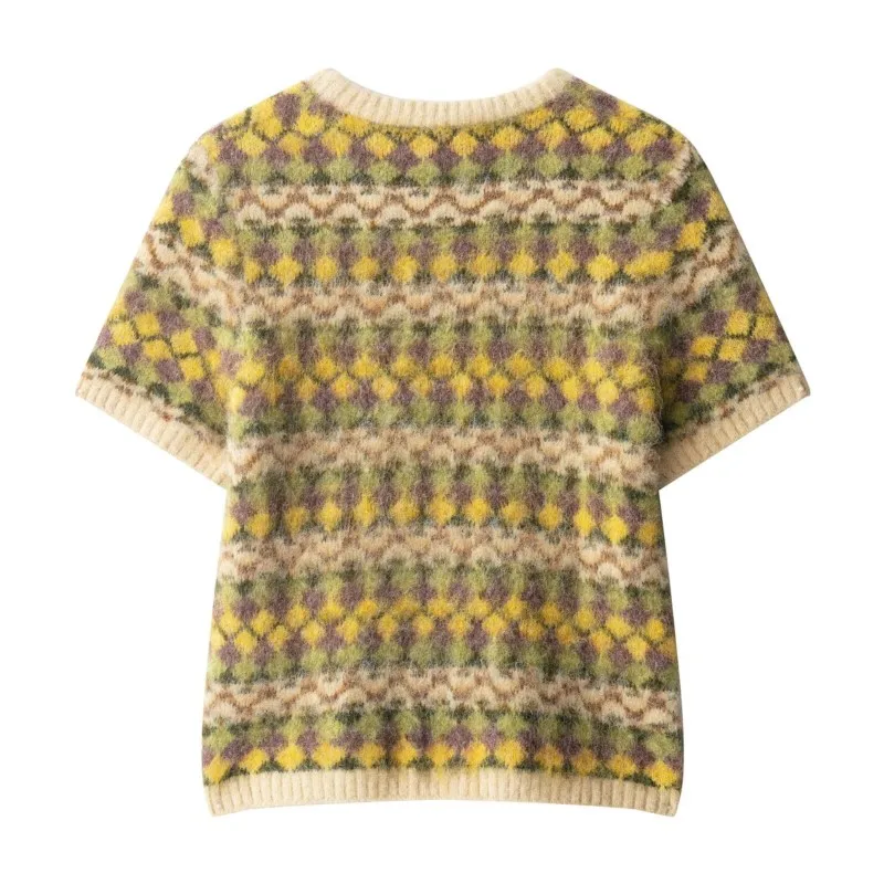 المرأة الجاكار محبوك تأثير سترة الخريف الجولة الرقبة قصيرة الأكمام مضلع متفوقا الإناث البلوفرات الموضة غير رسمية #2