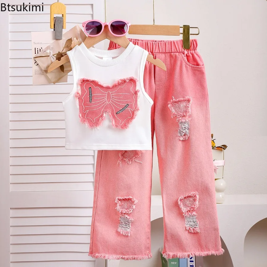 Girls' Summer 4-6 Year Streetwear Sets Sleeveless Butterfly Vest+Pink Cowboy Piercing Patch Pants 2-Pcs Set Children's Clothing