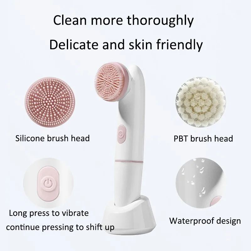 Cepillo de limpieza facial eléctrico de silicona resistente al agua 2 en 1 doble cabezal, limpiador de poros faciales con vibración sónica, herramienta de belleza para el cuidado de la piel