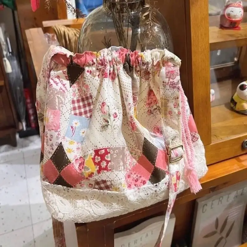 Fashion Patchwork Kawaii Handbags Sweet Flower Print All Match Ins Shoulder Bag Y2k Aesthetic Drawstring Haruku Crossbody Bags