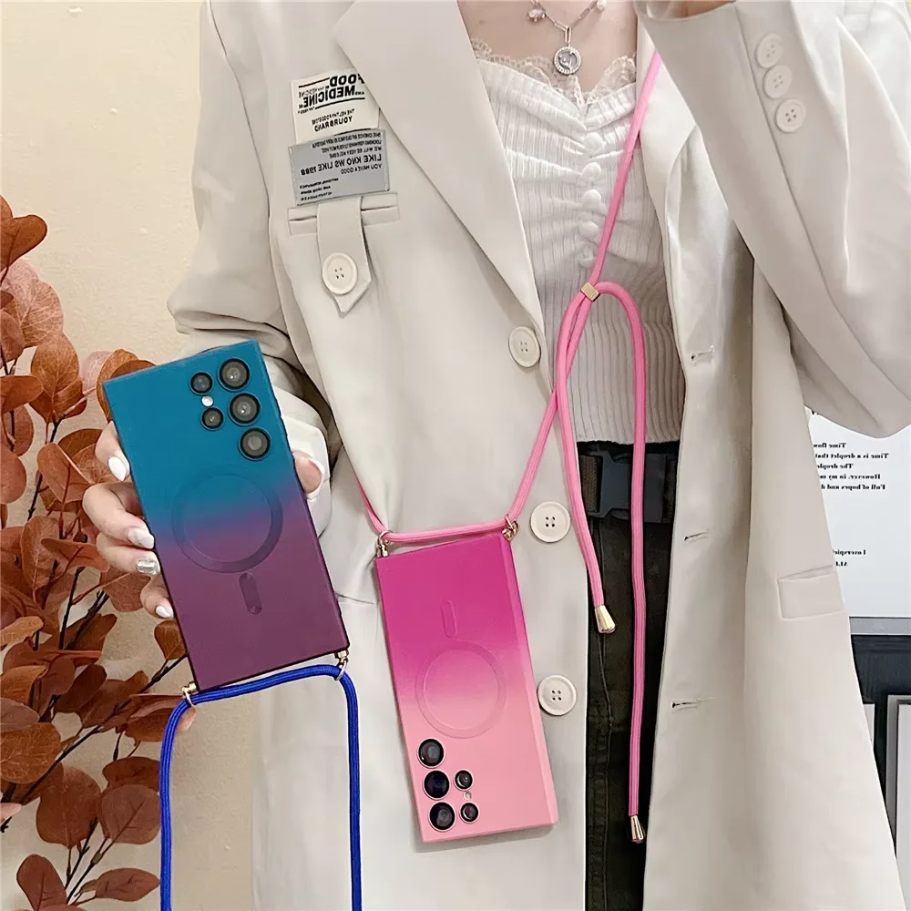 Mixed Color Hanging Rope Wireless Charging Phone Case For Samsung S26Ultra S21 S22 S23 S25FE Lens All Inclusive Protective Cover