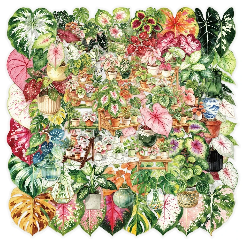50Pcs Colorful Realistic Potted Plant Leaf Stickers for Journal Book Laptop Skateboard Helmet Reward DIY Decor Decals