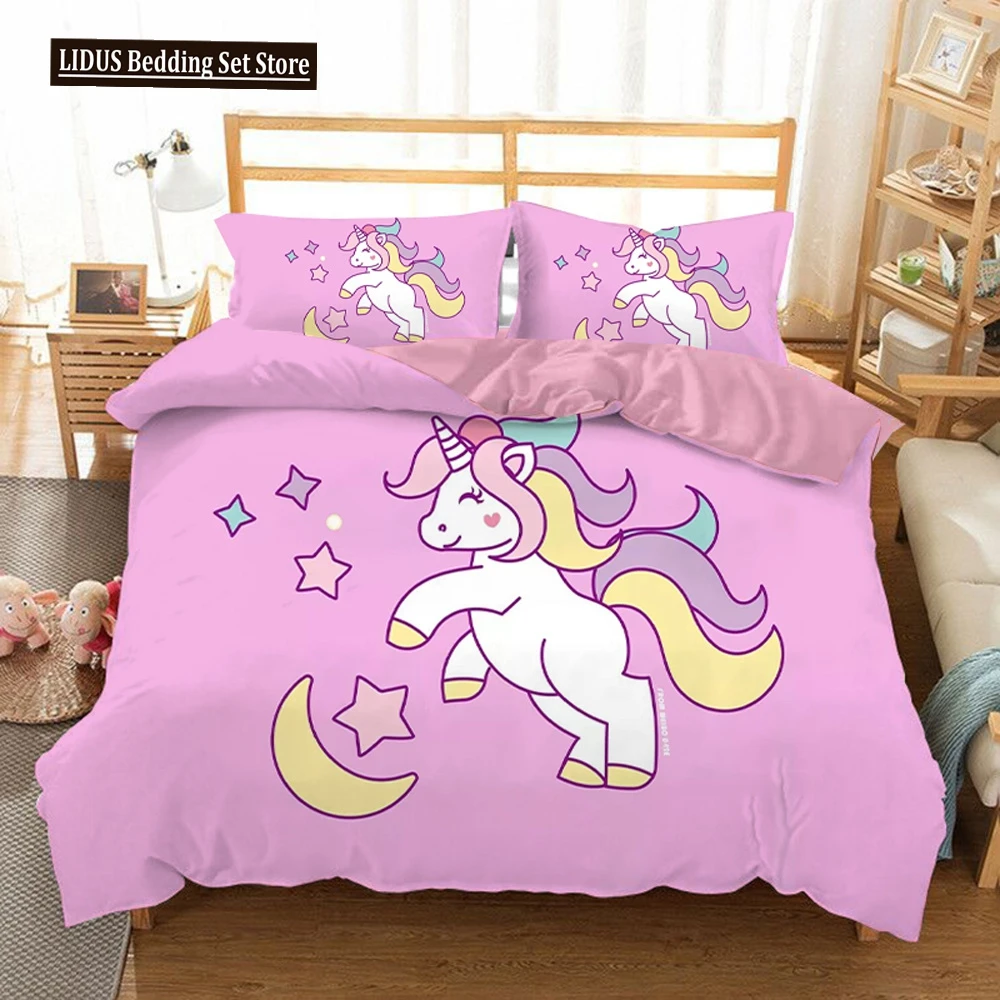 

Hot Sale Cartoon Unicorn Boys Girls Pink 3D Bedding Set Duvet Cover Bedcllothes Animal Printed Queen King Size Home Duvet Covers