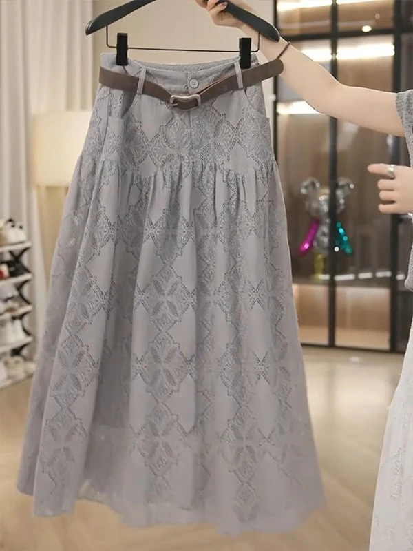 Retro Lace Hollow out A-Line Skirt Women's High Waist Midi Skirt Casual Wear Polyester Fiber Zipper Closure Summer 2025