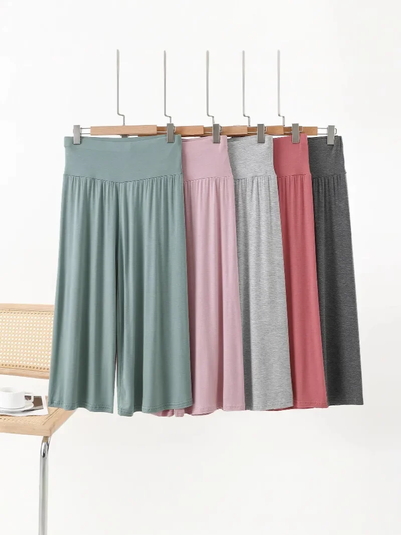 Summer Modal Plus Size Loose Wide Leg Pants, Korean Style High Waisted Slimming Cropped Casual Flowy Trousers
