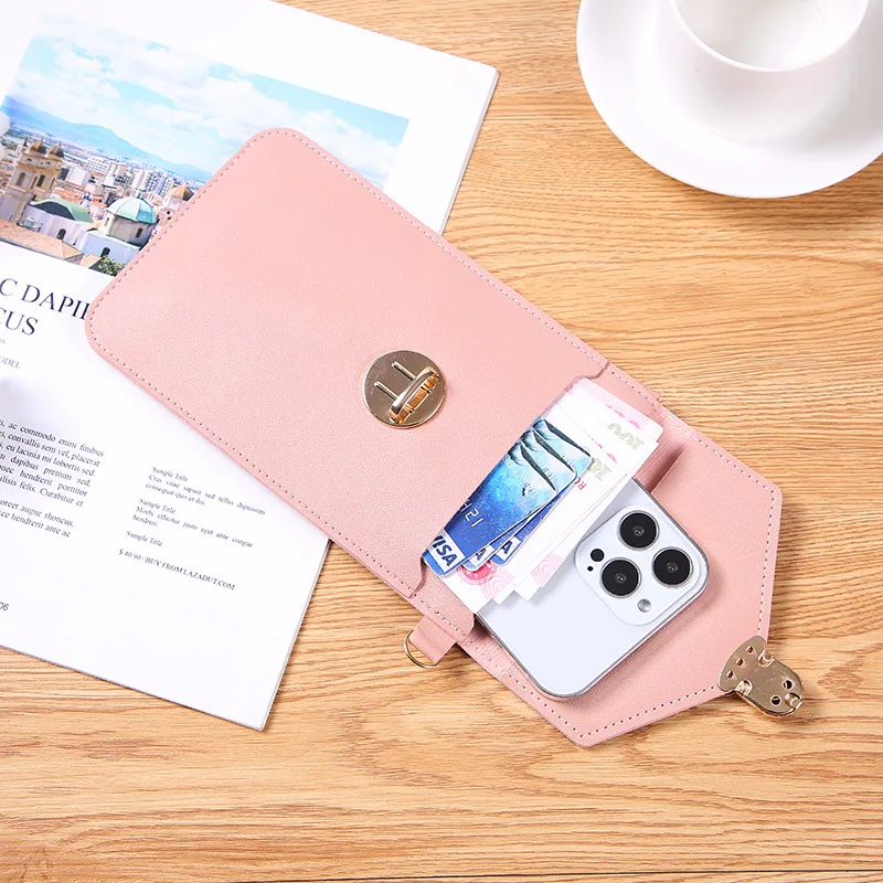 Women's Fashion Lock Buckle Shoulder Bag PU Leather Touch Screen Mobile Phone Wallet Retro Student Removable Crossbody Wallet