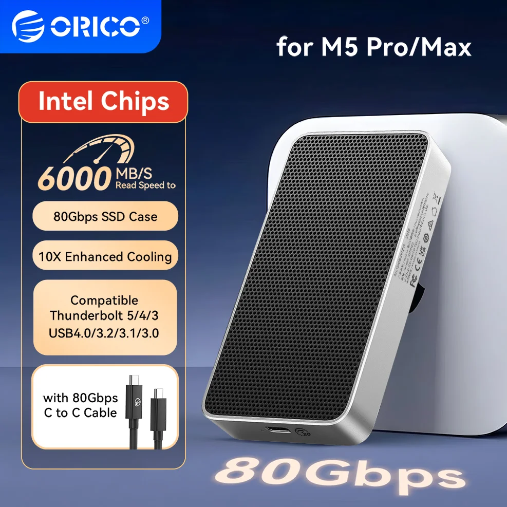 

ORICO 80Gbps M.2 NVMe SSD Case M2 2280 Hard Drive Enclosure Dual Chip Compatible with Thunderbolt 5/4/3/USB4 for Mac M5 Pro/Max