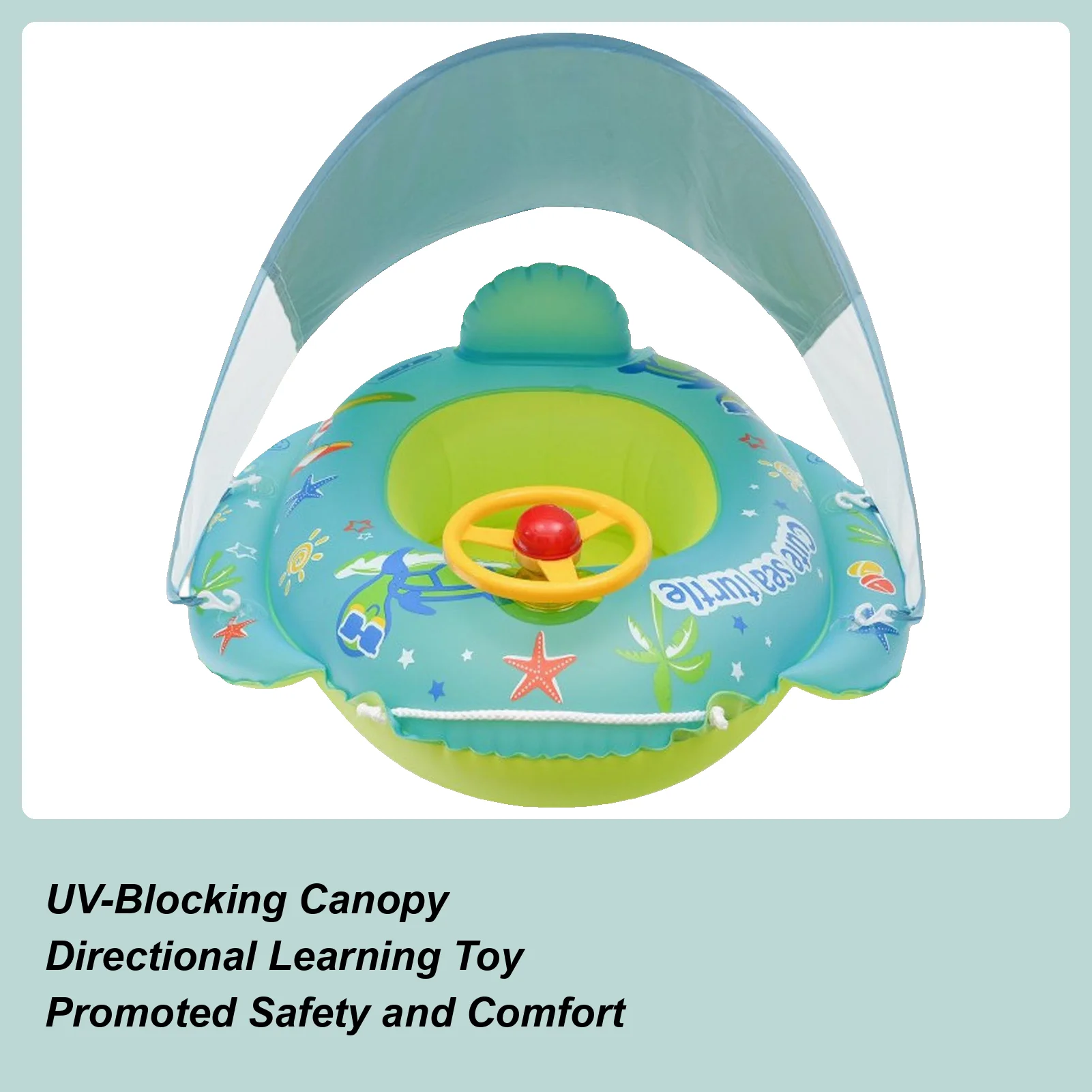 Baby Pool Float Baby Swim Float With Canopy Safety Sun Protection Inflatable Cartoon PVC Padded Bath Seat Steering Wheel Toy For