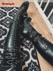 Round Toe Stiletto Studded Women's Thigh High Boots Rivet Platform High Heels Boots Black Glossy Winter Casual Shoes 2024 Luxury