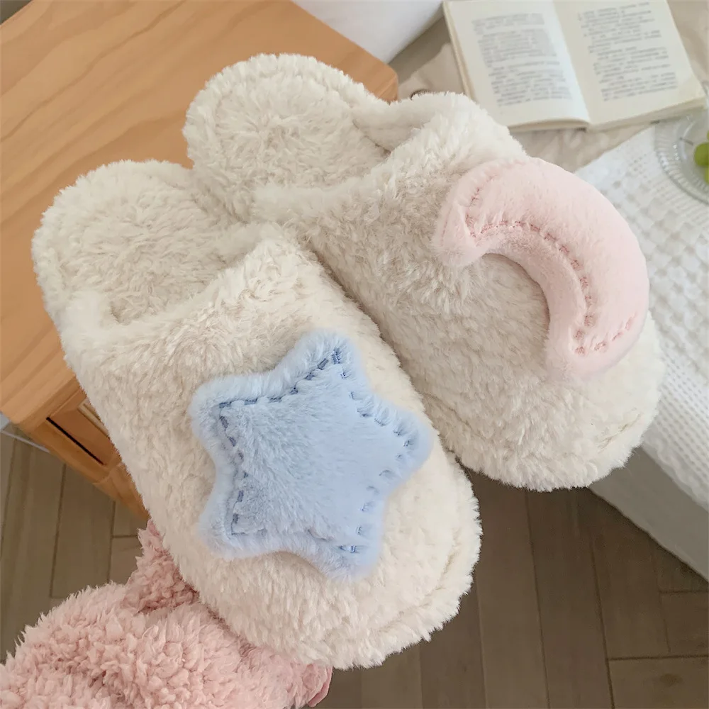 

Women's Indoor Soft-Soled Shoes Cute Warm Star-Moon Plush Home Slippers Autumn/Winter Fashionable Casual Non-Slip Shoes