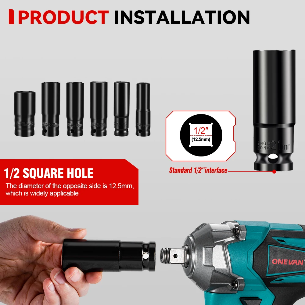 ONEVAN High Torque Brushless Electric Impact Wrench Cordless 1/2 inch Car Repair Screwdriver Power Tools for Makita 18V Battery