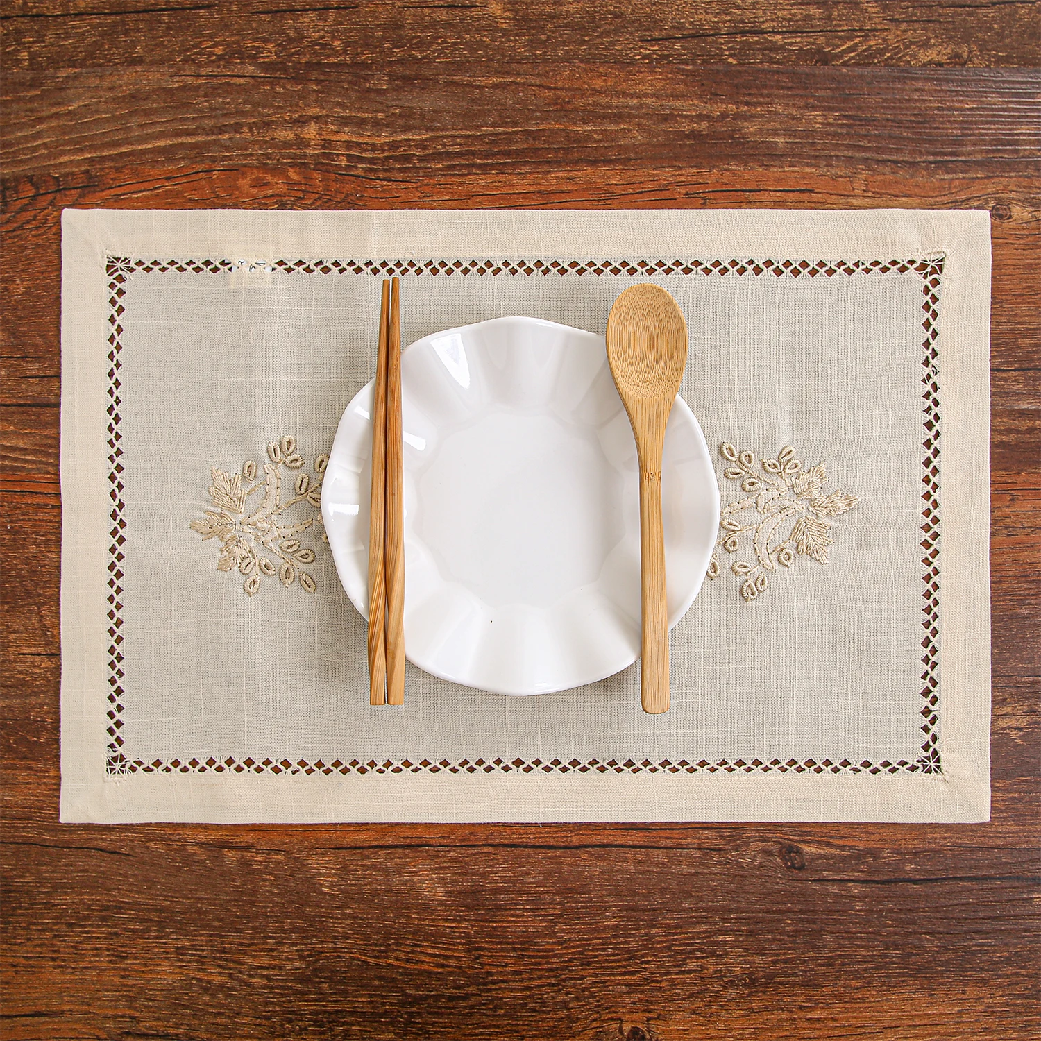 @Handmade 100% Vintage Placemat Hemstitched Embroidered by Hands, White, Beige, Slub Cotton, Eleganet, Luxurious  Table Deco