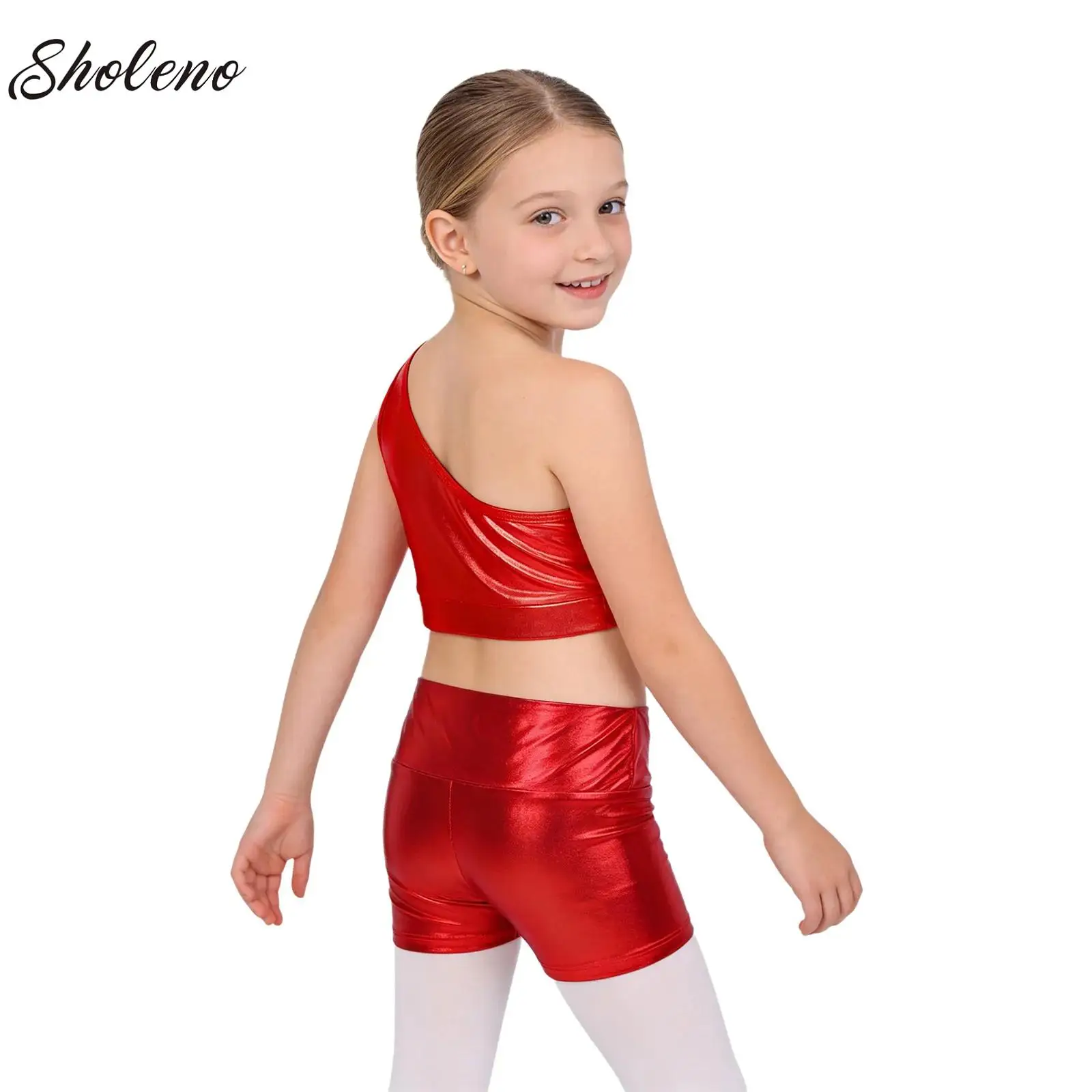 

2Pcs/Set Kids Girls Shiny Sequins Dance Outfits Oblique Shoulder Crop Top with Shorts Suit for Hip Hop Jazz Latin Performance