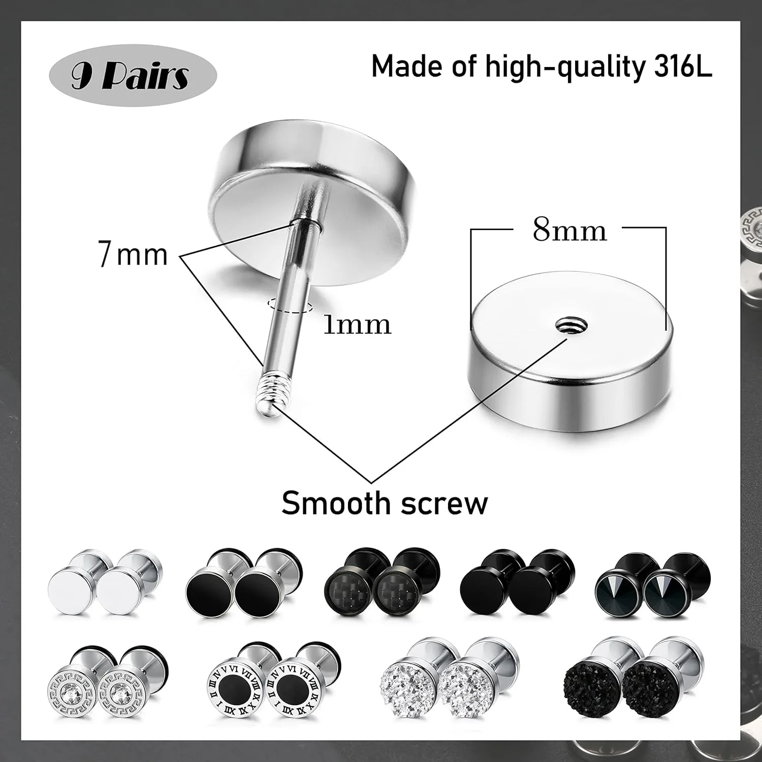 9 أزواج من الأقراط المصنوعة من الفولاذ المقاوم للصدأ للرجال والنساء أقراط مستديرة الغشاش المكونات مقاييس الأذن نفق أقراط رجالي