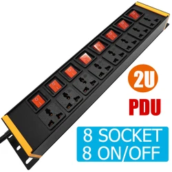 Network Cabinet Mount PDU Power Strip 2U 8Ways Socket outlet 8 Independent Switch aluminum alloy shell 2Meter Cord