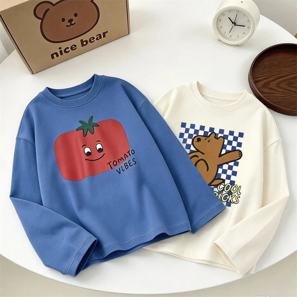 Round Neck Pullovers 1-7Years Old Child Printing TShirt Pure Cotton Clothes Long-sleeved Tops Thin Simple All-match Base Shirt