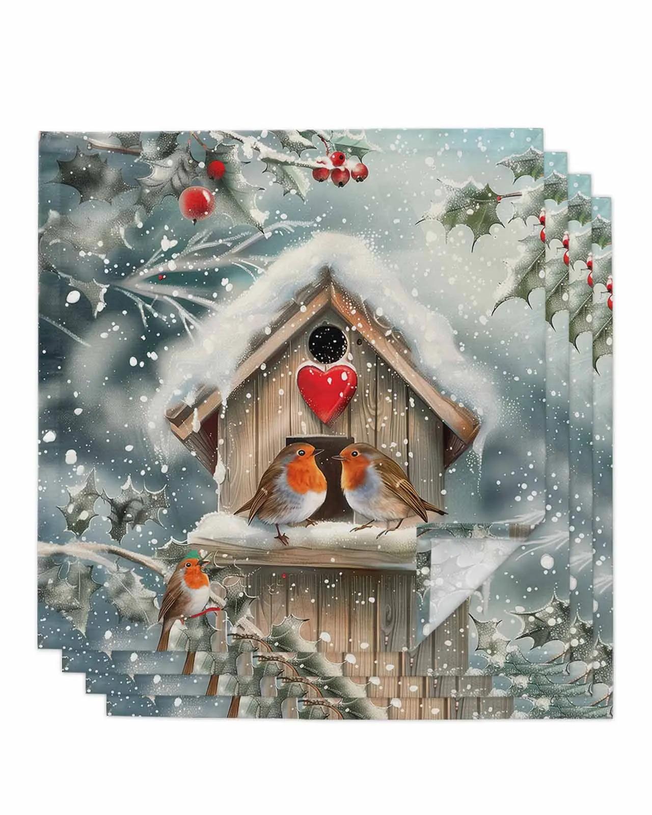 

4pc Christmas Robin Snowflake Table Napkins Set Dinner Handkerchief Towel Napkins Cloth for Wedding Party Banquet