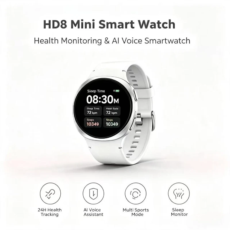 2026 HD8mini Smartwatch 1.29inch Sport Health Monitor for Women Outdoor Bluetooth Call AI Watch 128MB