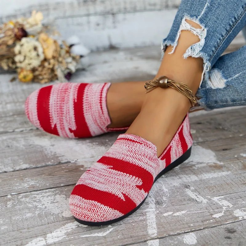 Summer New Fashion Round Toe Flat Shoes for Women Knitted Slip on Boat Shoes Casual Ballet Flats Shoe Women Loafers Zapatos Muje