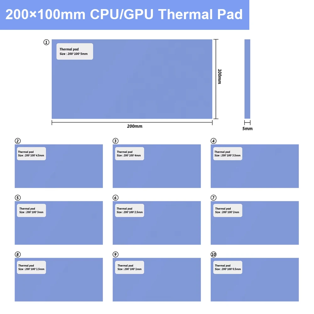 CPU GPU Thermal Pad 200x100mm Silicone Cooling Pad 0.5mm-5mm Thickness Heatsink Replacement for Graphics Card VRAM SSD Parts