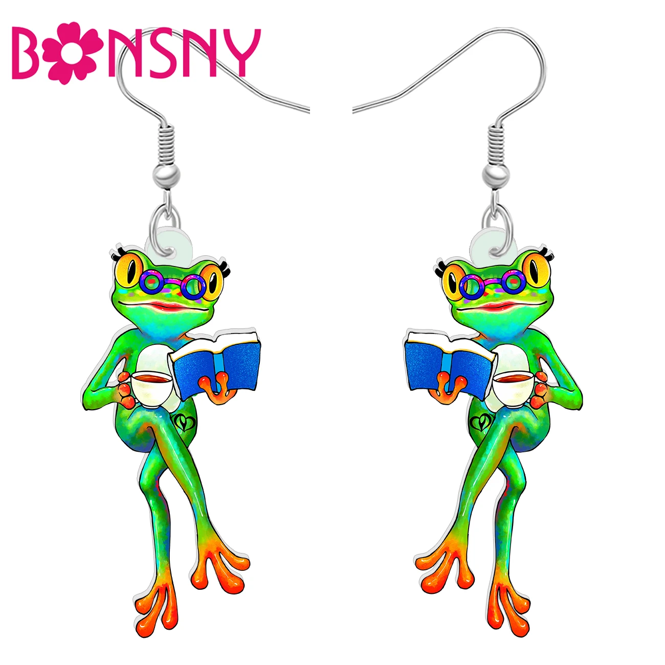 BONSNY Acrylic Creative Frog Drop Earrings Elegant Reading Book Animals Jewelry Appreciation Gifts For Women Mom Teachers Reader