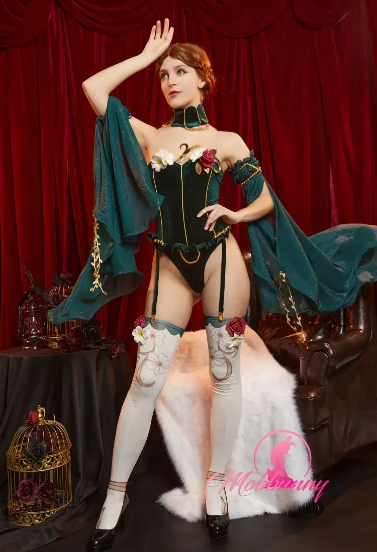 Mobbunny Women Medieval Style Sexy Lingerie Set Flower Decor Green Bodysuit with Stockings and Tulle Sleeves Cosplay Costumes