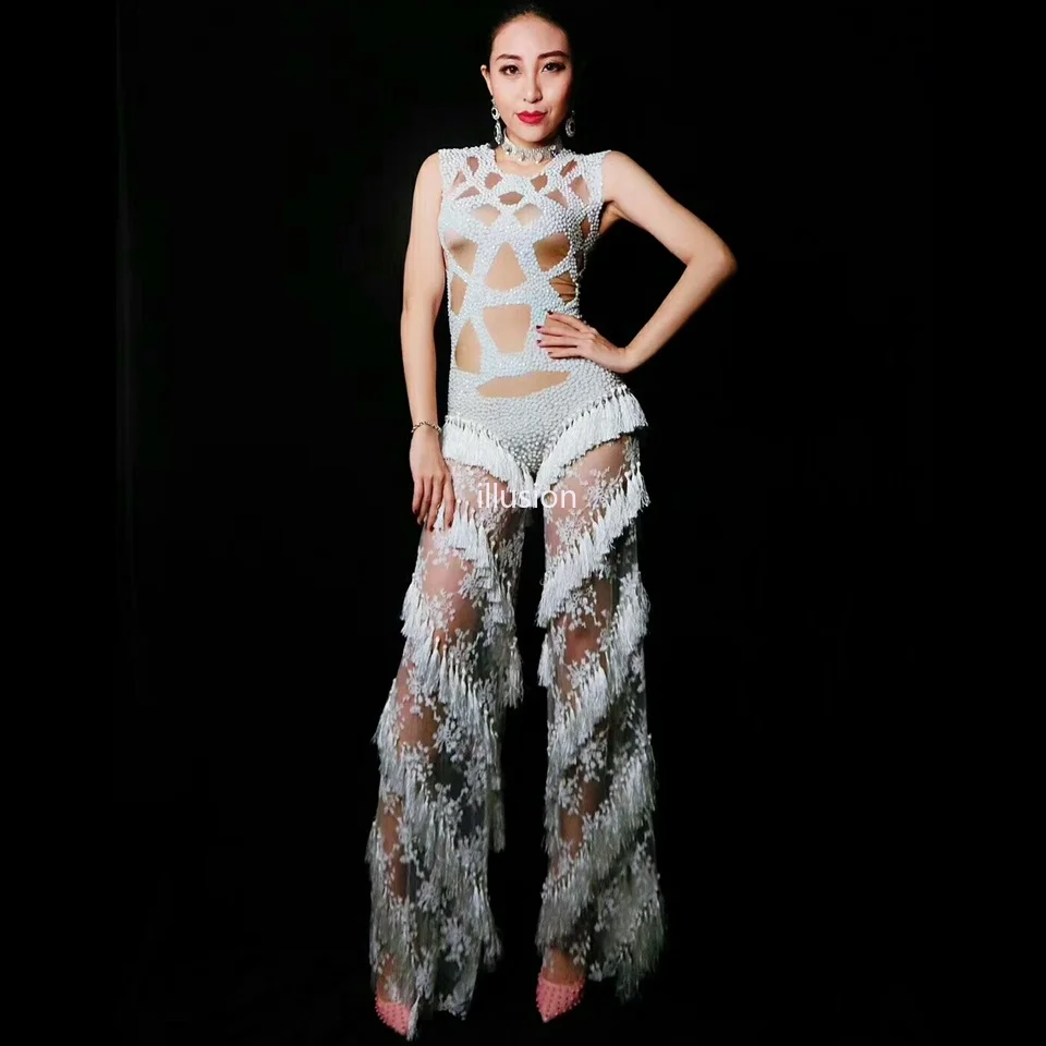 

Сексуальный прозрачный комбинезон со стразами и кисточками для женщин, сценическая одежда, танцевальный костюм для выступлений, наряды для ночного клуба, рейв-фестивальная одежда