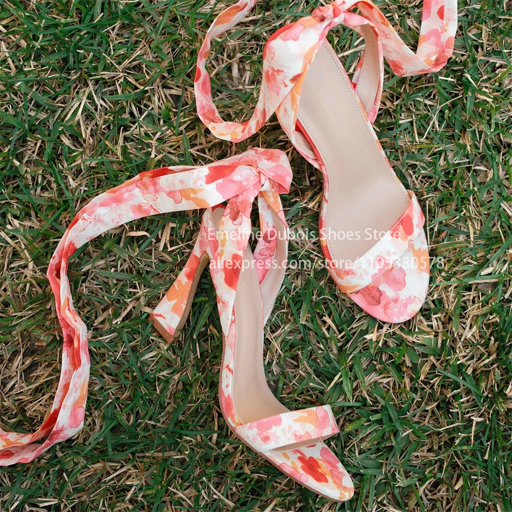 

Pink Floral Print Satin Wrap Tie Sculpted Heel Sandals Open Toe Ankle Tie Round Toe High Heel Sandals Party Daily Dress Shoes