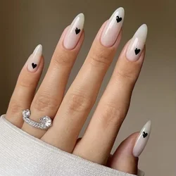 24 Pcs/Set White Black Love Almond Press on Nails Art Simple Artificial Acrylic Wearable False Nail Tips Full Cover Fake Nails