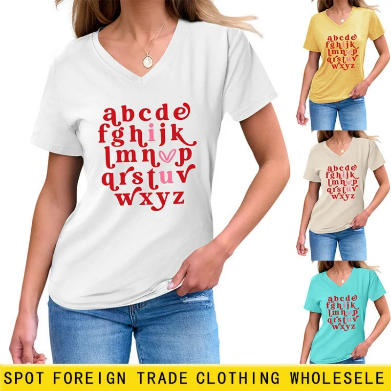 

European Station short-sleeved V-neck summer loose casual chic top for women