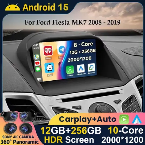 Android 15 Carplay Auto para Ford Fiesta MK7 2009 - 2017 Radio de coche estéreo Multimedia unidad principal reproductor navegación GPS 5G WiFi