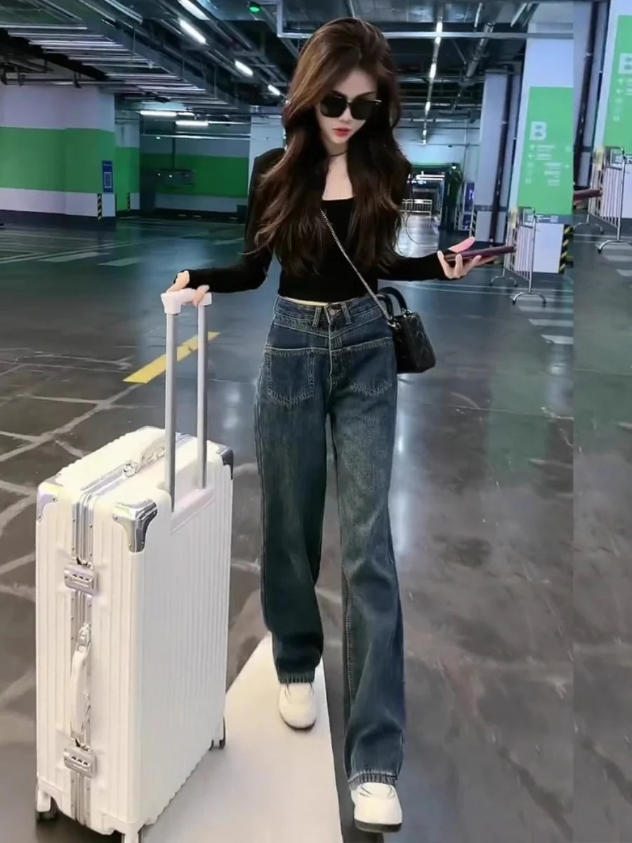 

Early Spring Fashionable Street Style Women's Long Sleeve Base Shirt High Waist Slim Straight Wide Leg Jeans Set High Waist