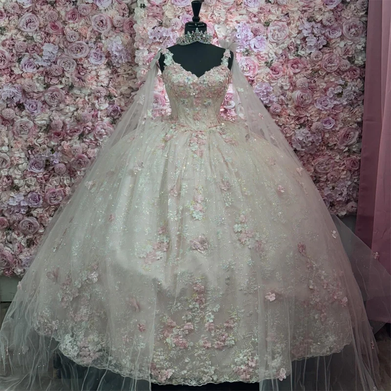 Светло-розовые блестящие платья Quinceanera с накидкой, бальное платье, милая аппликация с блестками, кружевные бусины, тюль на шнуровке, вечерние платья с открытой спиной