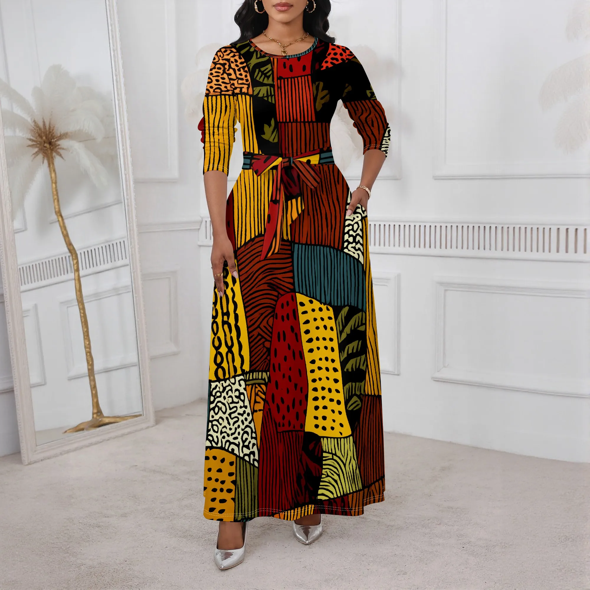 

African Patchwork Maxi Dress XS-3XL Long Sleeve Belted Crew Neck Style for Kwanzaa, Afro Festival or Cultural Party Look