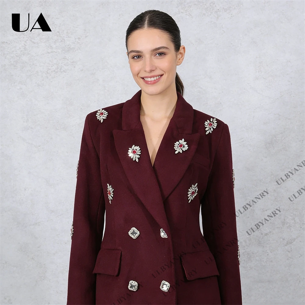 ULBYANRY 2026 Burgundy Double-Breasted Wool Coat with Crystal Floral Embellishments Womens Long Suit Coat for Prom Gala Events